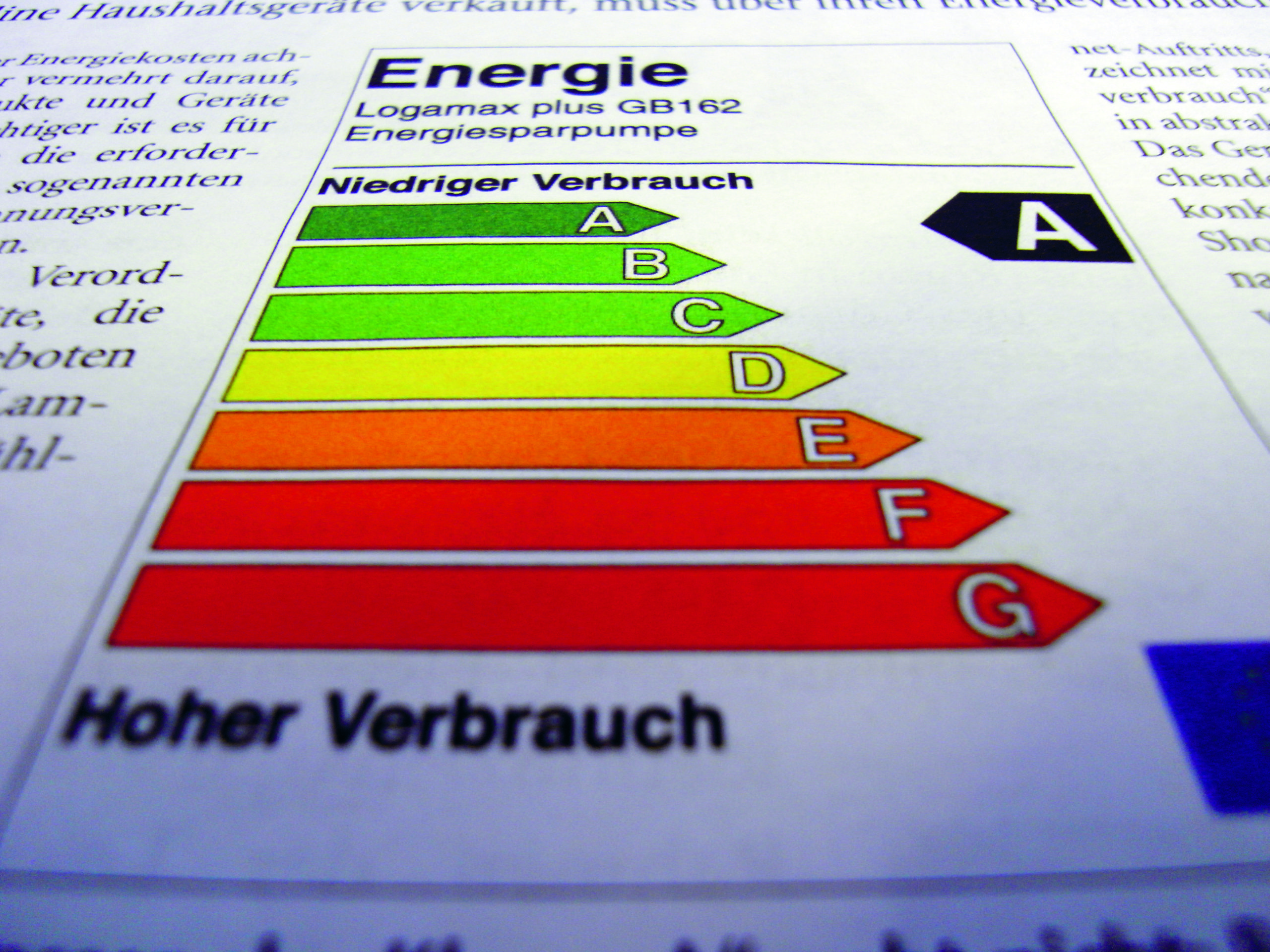 Die Energieetikette gibt Aufschluss über den Energieverbrauch. Der dunkelgrüne Balken markiert die Bestmarke.